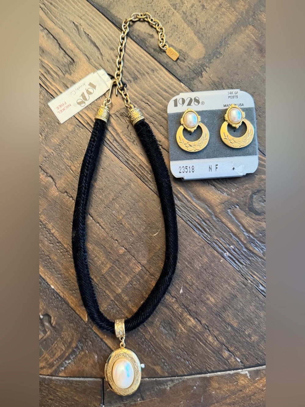 1928 Gold Tone / Faux Pearl Necklace and Earring Set - NWT